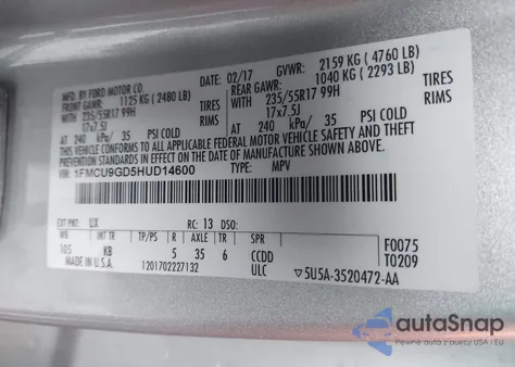 2017 Ford Escape Se z USA, uszkodzony, nr VIN 1FMCU9GD5HUD14600